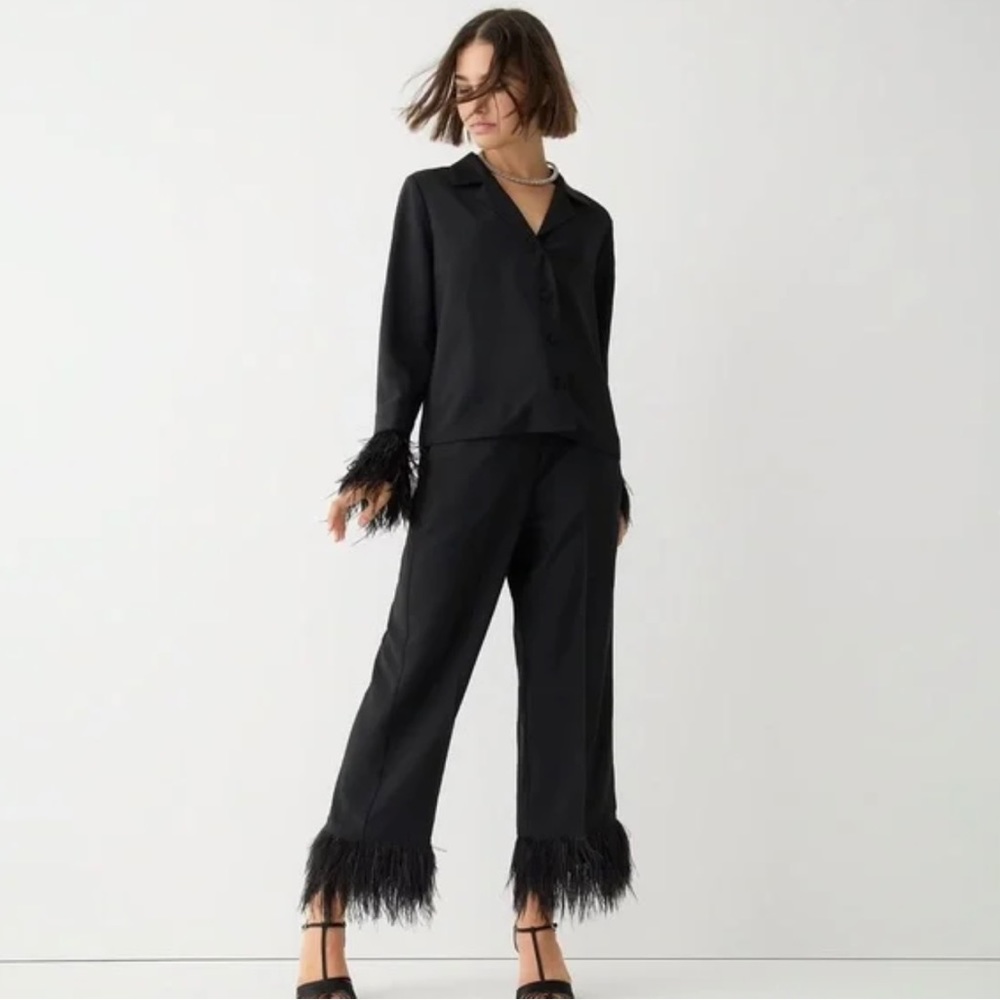 J. Crew Black Feather-Trim Pajama-Style Pantsuit
